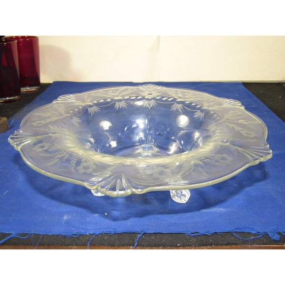 Vintage Fostoria Glass Console Bowl,Daisy Flower Footed,Etched-Cut Pattern 12"w - Picture 1 of 9